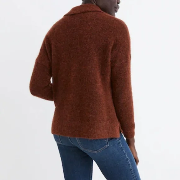 Madewell Carrabelle Polo Cardigan Alpaca Mohair Sweater In Heather Mahogany - Picture 3 of 14